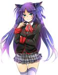  blue_eyes bow little_busters! long_hair matsurinnu pink_bow plaid plaid_skirt purple_hair sasasegawa_sasami school_uniform skirt solo thighhighs twintails 