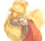 ^_^ ace_(fft-0) blonde_hair cape chocobo closed_eyes final_fantasy final_fantasy_type-0 habbitrot hug open_mouth simple_background white_background 