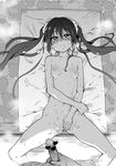  blush breasts censored from_above greyscale heart hetero highres long_hair looking_at_viewer lying monochrome navel nipples nude on_back open_mouth original penis pussy pussy_juice shiwasu_no_okina small_breasts spread_legs sweat towel twintails 