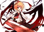  ascot blonde_hair chain ex-rumia fang huge_weapon long_sleeves looking_at_viewer midriff open_clothes open_mouth open_vest ribbon rumia shirt short_hair skirt skirt_set smile solo sword tosura-ayato touhou vest weapon wings yellow_eyes 