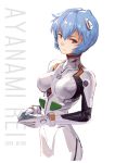  1girl ayanami_rei bangs blue_hair bodysuit breasts character_name closed_mouth commentary_request cowboy_shot dated expressionless hair_ornament head_tilt highres impossible_bodysuit impossible_clothes linzhong_de_xiongbaobao looking_at_viewer medium_breasts neon_genesis_evangelion own_hands_together plugsuit red_eyes short_hair simple_background skin_tight solo white_background white_bodysuit 