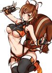  :3 animal_ears antenna_hair bare_shoulders black_legwear blazblue blush breasts brown_eyes brown_hair fingerless_gloves gloves large_breasts makoto_nanaya midriff minatsuki_randoseru orange_skirt revealing_clothes skirt solo squirrel_ears squirrel_tail tail thighhighs underboob weapon 