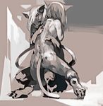  anthro back back_view bipedal black_and_white black_nose butt cat claws couple crouching digital_painting_(art) duo ears_up feline full-length_portrait girly greyscale hair halsione hindpaw hug kneeing long_hair looking_at_viewer love mammal monochrome monotone nude paws 