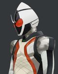  antennae armor compound_eyes grey_background helmet highres kamen_rider kamen_rider_fourze kamen_rider_fourze_(series) male_focus mask mikemono_yuu orange_eyes simple_background solo 