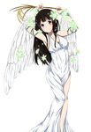  angel angel_wings armpits arms_up black_hair breasts chitanda_eru cleavage dress flower hair_flower hair_ornament holding hyouka long_hair looking_at_viewer medium_breasts pink_eyes ragho_no_erika smile solo wheat white_background white_dress white_wings wings 