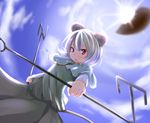  animal_ears baram capelet cloud dowsing_rod grey_hair jewelry long_sleeves mouse_ears mouse_tail nazrin open_mouth pendant red_eyes short_hair sky solo sparkle sun tail touhou 
