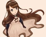  1girl 5pb. agnes_oblige beautifulvillage bravely_default:_flying_fairy bravely_default_flying_fairy brown_eyes brown_hair coat dress gloves headband jewelry long_hair necklace solo 