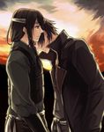  armor black_hair gintama head_on_shoulder headband joui katsura_kotarou kumayu long_hair multiple_boys sunset takasugi_shinsuke 