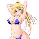  1girl bikini blonde_hair blue_eyes breasts cleavage elf futami_masaki large_breasts long_hair original pointy_ears ponytail simple_background solo swimsuit white_background 