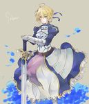  ahoge armor armored_dress artoria_pendragon_(all) blonde_hair dress excalibur fate/zero fate_(series) gauntlets green_eyes hair_ribbon hands_on_hilt nabiket planted_sword planted_weapon ribbon saber solo sword weapon 