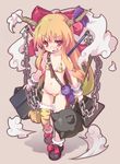  :d animal_print bikini blonde_hair blush chain collarbone holding horns ibuki_suika long_hair mace navel open_mouth red_eyes roke single_thighhigh smile solo swimsuit thighhighs tiger_print touhou walking weapon 