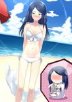  :&lt; b.a.d. beach bikini black_hair blush breasts chibi cleavage cloud collarbone day front-tie_top full-face_blush green_eyes hair_ribbon highres inset japanese_clothes juu_ho kimono lens_flare long_hair medium_breasts minase_shirayuki navel no_eyes outdoors ribbon side-tie_bikini sky swimsuit towel water white_bikini 