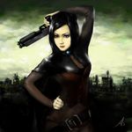  arm_up assin bad_id bad_pixiv_id belt black_hair blue_eyes bodysuit ergo_proxy gun hand_on_hip highres lips long_hair makeup nose pale_skin re-l_mayer shotgun solo weapon 