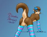  anthro anus back_turned backsack balls black blue blue_background brown brown_fur butt clothing crossdressing cute dunstan_marshall english_text fur girly hair heterochromia legwear looking_at_viewer looking_back male mammal mustelid nude otter plain_background presenting presenting_hindquarters raised_tail scott_(character) solo spread_legs spreading stockings tan text whiskers yellow 