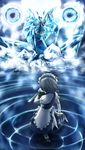  absurdres bakuha battle blue_eyes blue_hair cirno dress duel from_behind gloves grey_hair highres ice ice_wings izayoi_sakuya knife maid_headdress multiple_girls reverse_grip ribbon short_hair touhou water wings 