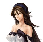  1girl 5pb. agnes_oblige bare_shoulders bravely_default:_flying_fairy bravely_default_flying_fairy brown_hair dress gloves gold_eyes headband large_breasts long_hair solo yellow_eyes 