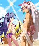  alternate_hairstyle antenna_hair ass ball bikini bikini_top black_hair blue_eyes bow breasts cloud day food fujiwara_no_mokou hair_bow hair_ribbon houraisan_kaguya inflatable_raft long_hair looking_at_viewer looking_back medium_breasts mouth_hold multiple_girls open_mouth ponytail popsicle purple_bikini red_bikini red_eyes ribbon sideboob silver_hair sky small_breasts smile striped striped_bikini striped_swimsuit sun sunlight sweat swimsuit tamuhi tan tanline touhou twintails very_long_hair visor_cap white_hair 