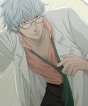  gb_(doubleleaf) gintama glasses grey_hair labcoat looking_at_viewer male_focus necktie sakata_gintoki school_nurse silver_hair smile solo 