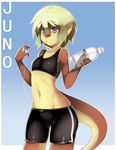  bike_shorts blue_eyes bottle breasts clothing ear_phones english_text female green_hair hair holding juno mammal mustelid nitzu otter shiny short_hair short_shirt small_breasts smile solo standing text tight_clothing water_bottle 