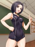  ahoge bare_shoulders black_hair breasts chalkboard classroom hand_on_hip idolmaster idolmaster_(classic) index_finger_raised medium_breasts miura_azusa muhi11234 one-piece_swimsuit open_mouth red_eyes school_swimsuit short_hair smile solo swimsuit 