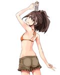  bad_id bad_pixiv_id bikini_top blush brown_eyes brown_hair from_behind gunvarel highres looking_back nyoijizai object_on_head open_mouth robotics;notes senomiya_akiho shorts solo toy v 