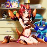  1girl artist_request blush breasts cosplay cum duel_monster facial highres navel number_19_freezerdon number_61_volcasaurus personification red_hair short_hair tears time_wizard wet yu-gi-oh! yukkuri_shiteitte_ne yuu-gi-ou_duel_monsters yuu-gi-ou_zexal 