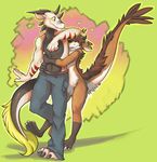 abstract_background anthro body_markings couple dragon duo eyes_closed feathers female hoot horn hug male markings navel scalie size_difference topless unknown_species yellow_eyes 