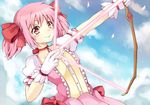  bad_id bad_pixiv_id bow_(weapon) choker cu-sith day frills gloves hair_ribbon kaname_madoka magical_girl mahou_shoujo_madoka_magica pink_eyes pink_hair puffy_sleeves ribbon short_hair short_twintails sky smile solo twintails weapon white_gloves 