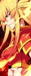  armor ars_goetia blonde_hair blue_eyes kyousaku long_hair mygrimoire phenex_(mygrimoire) profile red_armor red_background smile solo 