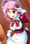  ;d apron blush door gloves juliet_sleeves lisbeth long_sleeves looking_at_viewer one_eye_closed open_mouth pink_eyes pink_hair puffy_sleeves short_hair smile solo sword_art_online tsuda_akira waist_apron white_gloves window 