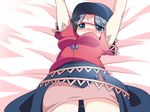  bad_id bad_pixiv_id blue_eyes blue_hair blush breasts hammer_(sunset_beach) hat jiangshi medium_breasts miyako_yoshika ofuda on_bed outstretched_arms shirt solo taut_clothes taut_shirt touhou zombie_pose 