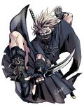  alternate_costume arm_blade bad_id bad_pixiv_id belt character_name chipp_zanuff covering_mouth fingerless_gloves foreshortening gloves guilty_gear hakama japanese_clothes katana male_focus ninja red_eyes rokuro_(ryvius) simple_background solo sword weapon white_hair 