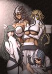  4girls arrancar bleach blonde_hair blue_eyes blue_hair breasts brown_eyes brown_hair byakusuyizm cleavage cuffs cyan_sung-sun dark_skin emilou_apacci espada facial_mark franceska_mila_rose gloves green_eyes hair_ornament heterochromia highres hole hollow horn long_hair midriff multiple_girls navel purple_eyes red_eyes short_hair sleeves tan tier_harribel underboob 