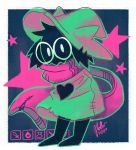  &lt;3 2018 ambiguous_gender anthro bag biped black_background black_fur caprine captainhanyuu chibi clothed clothing darkner deltarune digital_media_(artwork) empty_eyes eyewear fire floppy_ears full-length_portrait fully_clothed fur glasses goat green_clothing green_hat hat horn looking_at_viewer mammal melee_weapon pink_scarf portrait ralsei scarf signature simple_background solo standing star stitches sword video_games weapon white_background white_eyes witch_hat 