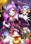 &gt;_&lt; 3girls :d =_= animal_costume animal_ears blue_hair blush blush_stickers brown_hair candy cat cat_ears cat_tail chibi closed_eyes dress elbow_gloves eyepatch fang food full_moon gloves hair_ornament halloween hat highres holding jack-o'-lantern lollipop long_hair moon multiple_girls o_o open_mouth original purple_hair shitou short_hair smile striped striped_legwear sweets swirl_lollipop tail thighhighs twintails wand witch_hat yellow_eyes 