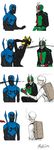  1girl 3boys armor blue_beetle celty_sturluson character_request comic crossover dc_comics durarara!! ginko headless helmet highres jamie_reyes kamen_rider multiple_boys mushishi necktie power_armor red_necktie running smoking tryvor white_hair 