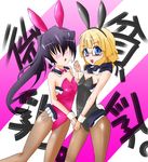  2girls adele_balfetto animal_ears blind blonde_hair blue_eyes bunny_ears fishnet fishnet_legwear fishnet_stockings fishnets flat_chest glasses hair_over_eyes kyoukai_senjou_no_horizon kyoukaisenjou_no_horizon mukai_suzu multiple_girls purple_hair yuri 