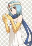  bad_id bad_pixiv_id blue_hair blue_scarf circlet dragon_quest dragon_quest_iii dress elbow_gloves gloves polka_dot polka_dot_background red_eyes sage_(dq3) scarf shoe-ji smile solo yellow_gloves 