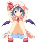  ascot bat_wings bloomers blue_hair blush brooch child cowering frilled_shirt_collar frilled_skirt frilled_sleeves frills hands_on_headwear hat hat_ribbon hat_tug jewelry knees_together_feet_apart looking_at_viewer mashima_(sumachi) mob_cap pink_skirt red_eyes red_ribbon remilia_scarlet ribbon shoes short_hair short_sleeves sitting skirt solo touhou underwear wavy_mouth wings 