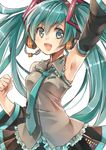  :d aqua_eyes aqua_hair arm_up armpits detached_sleeves fang hair_ornament hatsune_miku headset long_hair necktie open_mouth skirt smile solo twintails very_long_hair vocaloid white_background yunomachi 