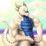  abs anthro biceps big big_muscles black_horns claws dragonwing013 drake drake_(species) fur handsome horn looking_at_viewer male muscles pecs pose purple_eyes ratharn sitting solo speedo swimsuit tattoo underwear 