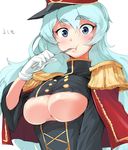  :t areola_slip areolae ario blue_eyes blue_hair blush breasts capelet epaulettes eyebrows fork gloves hat holding holding_fork imagawa_yoshimoto_(sengoku_collection) large_breasts long_hair looking_at_viewer sengoku_collection simple_background solo thick_eyebrows translated underboob underboob_cutout uniform upper_body white_background white_gloves 