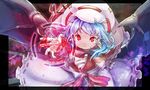  ascot bad_id bad_pixiv_id bat_signal bat_wings blue_hair capelet character_name child curiosities_of_lotus_asia frame glowing hat hat_ribbon hutaba123 looking_at_viewer outstretched_arm outstretched_hand pointy_ears red_eyes remilia_scarlet ribbon sash shirt skirt smile solo touhou wings 