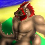  abs angry anthro argonian beach biceps big big_muscles dragonwing013 feathers horn looking_at_viewer male muscles pecs sand scalie scar seaside sitting solo speedo swimsuit tagg taggcrossroad the_elder_scrolls topless underwear video_games 