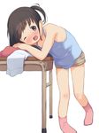  absurdres anyannko blush brown_eyes brown_hair camisole child desk highres leaning_forward nose_blush one_eye_closed open_mouth original short_hair short_twintails shorts simple_background smile socks solo twintails 