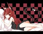  alternate_hair_length alternate_hairstyle animal_ears bad_id bad_pixiv_id barefoot cat_ears cat_tail heart heart_tail kaenbyou_rin kuromari_(runia) letterboxed long_hair lying multiple_tails on_side pillow red_eyes red_hair solo tail touhou 
