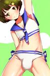  akizuki_ryou antenna_hair bare_shoulders bikini blush bulge crossdressing green_eyes hair_ornament hairclip idolmaster idolmaster_dearly_stars male_focus midriff otoko_no_ko rumo sailor_bikini sailor_collar sailor_swimsuit_(idolmaster) short_hair solo sweatdrop swimsuit 