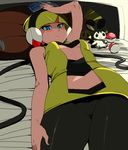  agemono bed blonde_hair blue_eyes blush breasts emolga gen_5_pokemon headphones joltik kamitsure_(pokemon) lying pantyhose perky_breasts poke_ball pokemon pokemon_(creature) pokemon_(game) pokemon_bw short_hair small_breasts stunfisk 