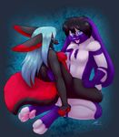  anthro black_fur breasts canine demon digitigrade duo eye_contact female forked fox fur hindpaw hybrid lagomorph male mammal nude onnanoko paws penis purple_fur rabbit sex sitting straight temrin_(character) toes tongue tongue_out zee 