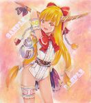  :d adapted_costume armband armpits arms_up blonde_hair blush bow chain fang hair_bow hair_ribbon holding horns ibuki_suika leotard long_hair looking_at_viewer mayo_riyo open_mouth race_queen ribbon sample smile solo thigh_strap touhou traditional_media yellow_eyes 